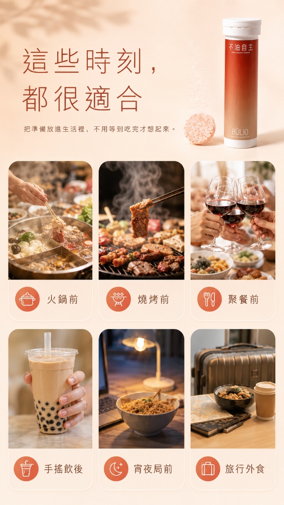 這些時刻，都很適合：把準備放進生活裡，不用等到吃完才想起來。火鍋前、燒烤前、聚餐前、手搖飲後、宵夜局前、旅行外食。